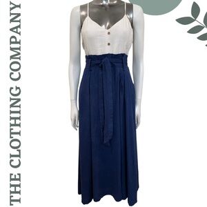🛍️3/$40 The Clothing Company Linen Blend Midi Dress White Navy Halter Full Skirt